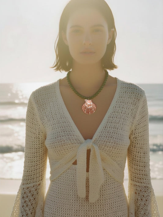 The Marseille Crimson Scallop Shell Green Jade Natural Stone Beaded Necklace- Semi-Precious & Waterproof