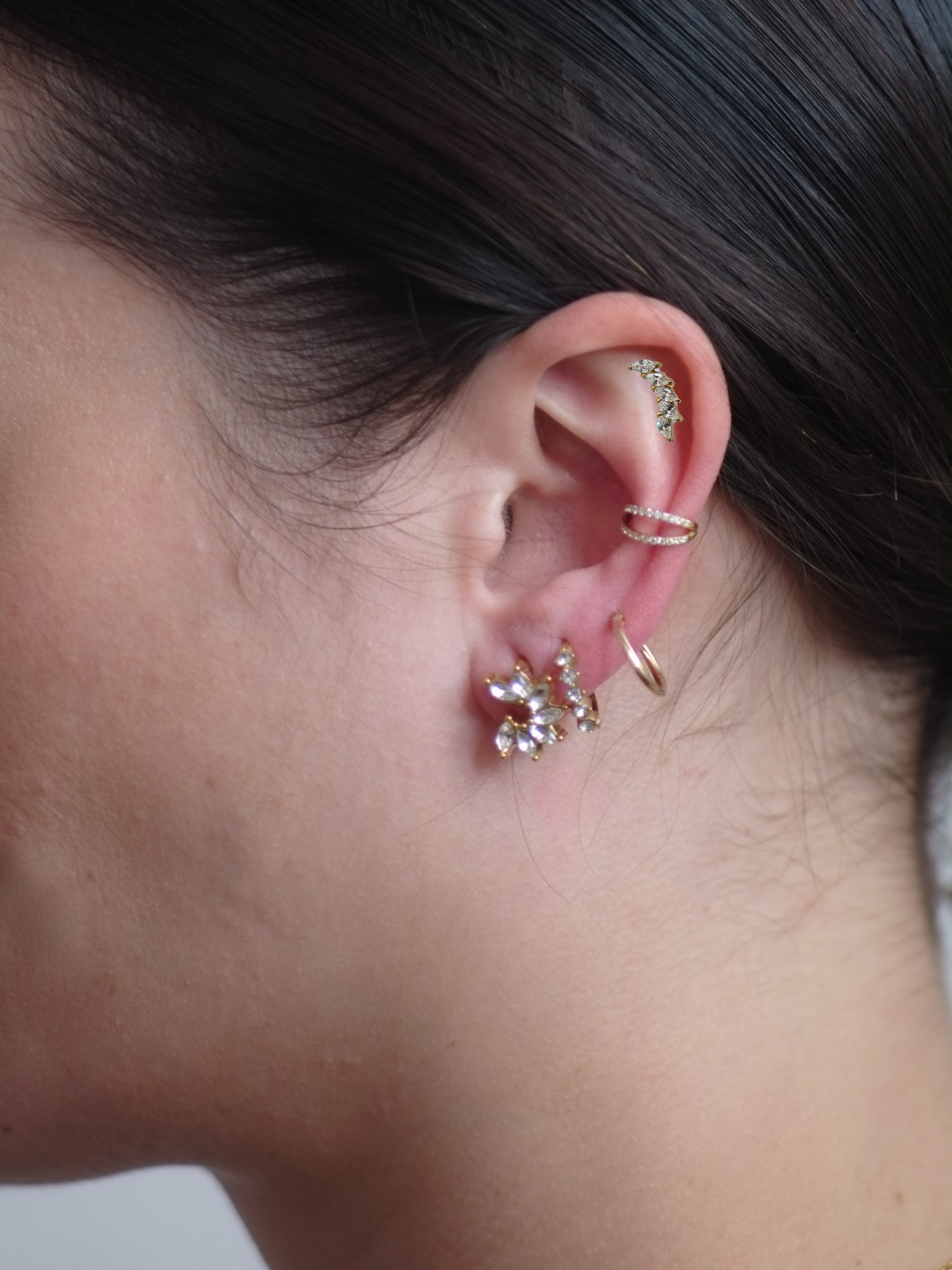 The Dylan 18k Gold Plated Titanium Steel Cubic Zirconia Leaf Ear Climber Cartilage Lobe Stud Earring.