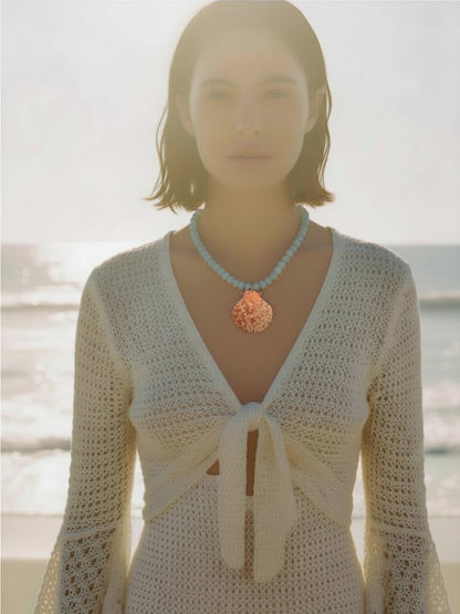The Marseille Crimson Scallop Shell Blue Agate Natural Stone Beaded Necklace- Semi-Precious & Waterproof