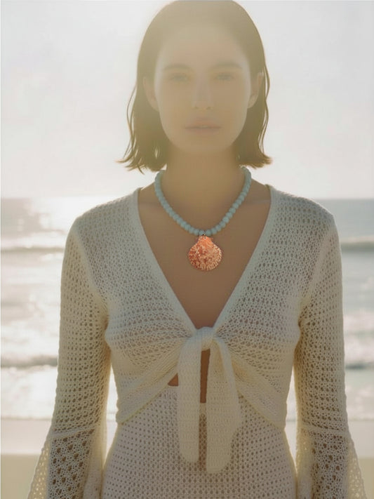 The Marseille Crimson Scallop Shell Blue Agate Natural Stone Beaded Necklace- Semi-Precious & Waterproof