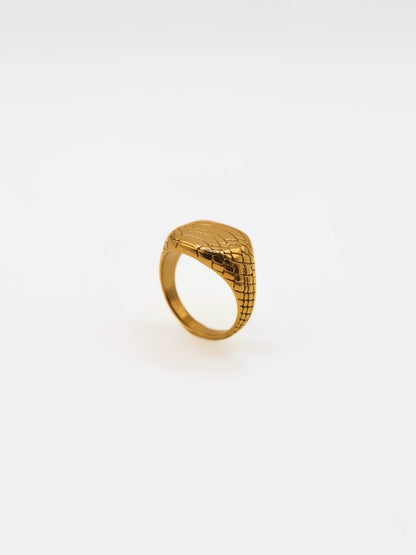The Serpent 18k Gold Plated Stainless Steel Snake Etched Signet Ring.