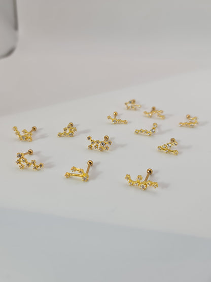 The Constellations Gemini 18k Gold Plated Stainless Steel Cubic Zirconia Ear Climber Zodiac Star Sign Cartilage Lobe Stud Earring.