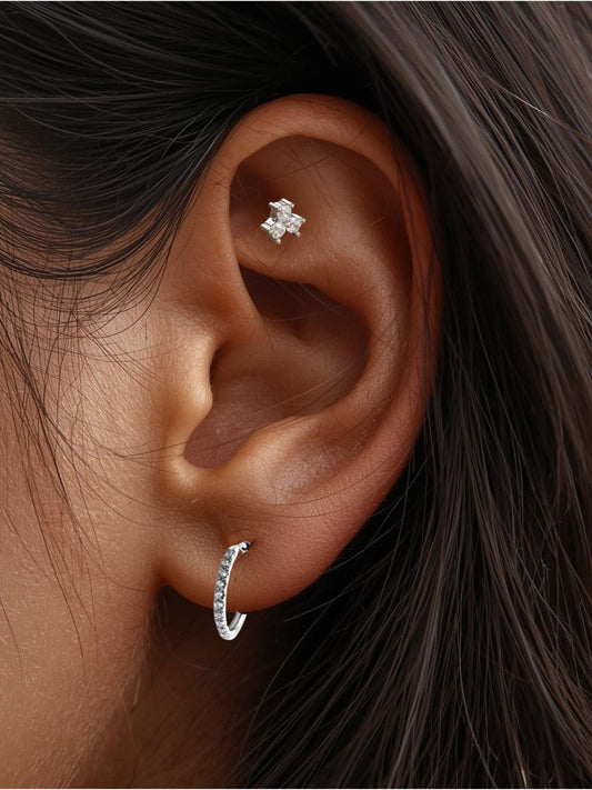 The Talisman Collection Silver Finish Tarnish-Free Crystal Tri Flower Single Cartilage & Lobe Piercing Stud