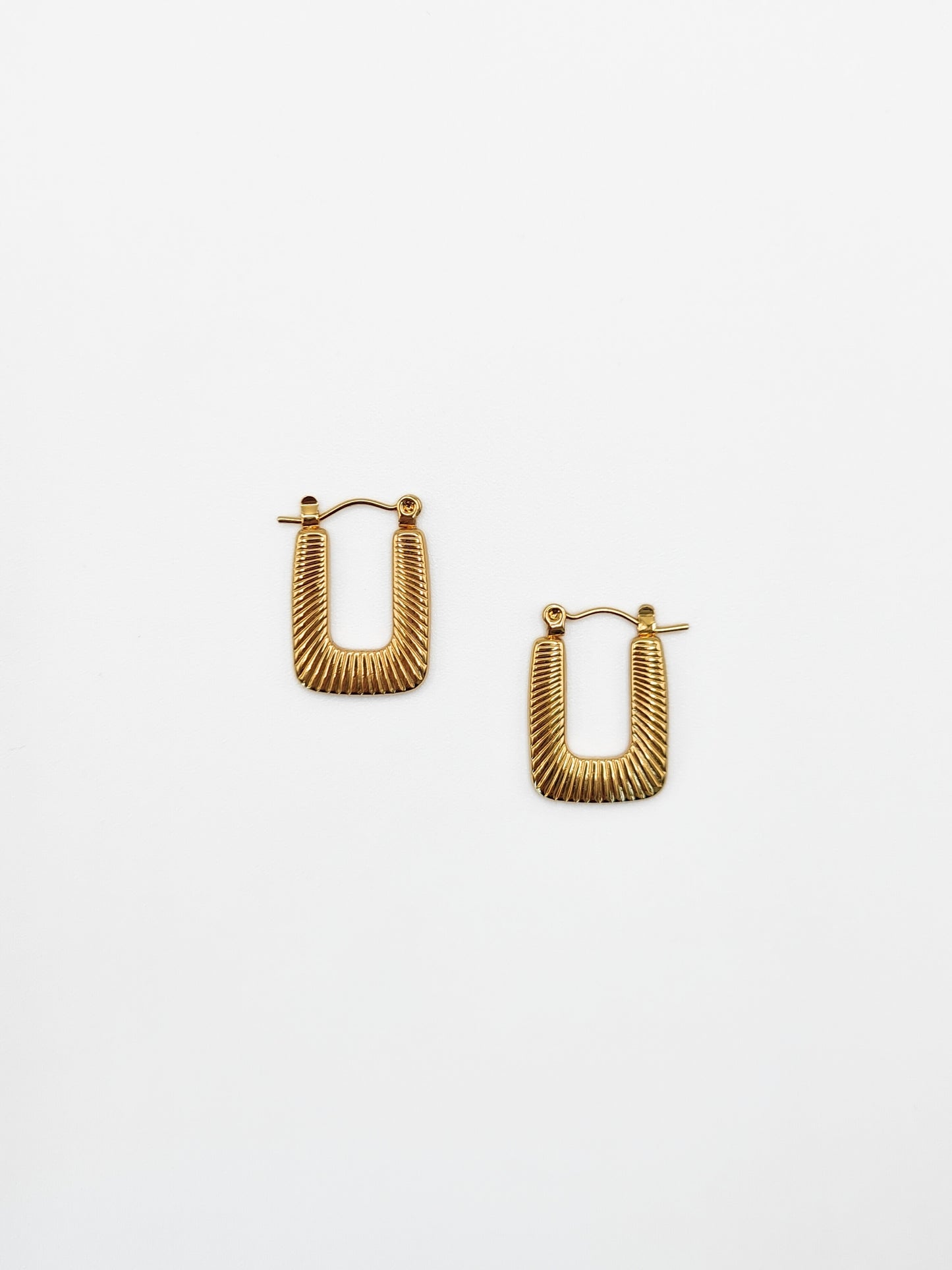 The Arthur 18k Gold Plated Stainless Steel Etched Rectangle Hoop Earrings.