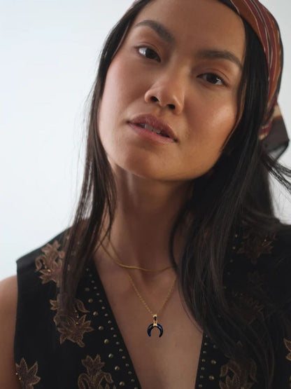 The Talisman Collection Lapis Lazuli 18k Gold Plated Semi Precious Gemstone Horn Moon Pendant Necklace