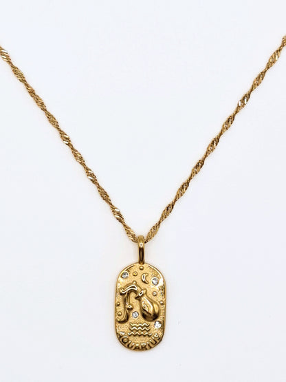 The Kiki Aquarius 18k Gold Plated Stainless Steel Zodiac Starsign Crystal Necklace.