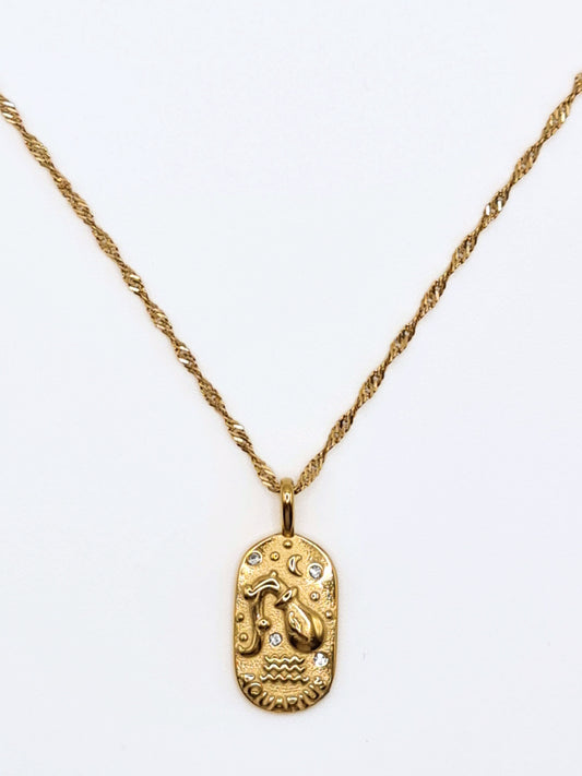 The Kiki Aquarius 18k Gold Plated Stainless Steel Zodiac Starsign Crystal Necklace.