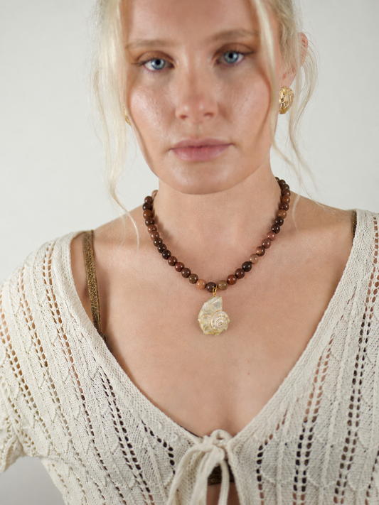 The Cannes Conch Seashell Brown Aventurine Natural Stone Beaded Necklace- Semi-Precious & Waterproof