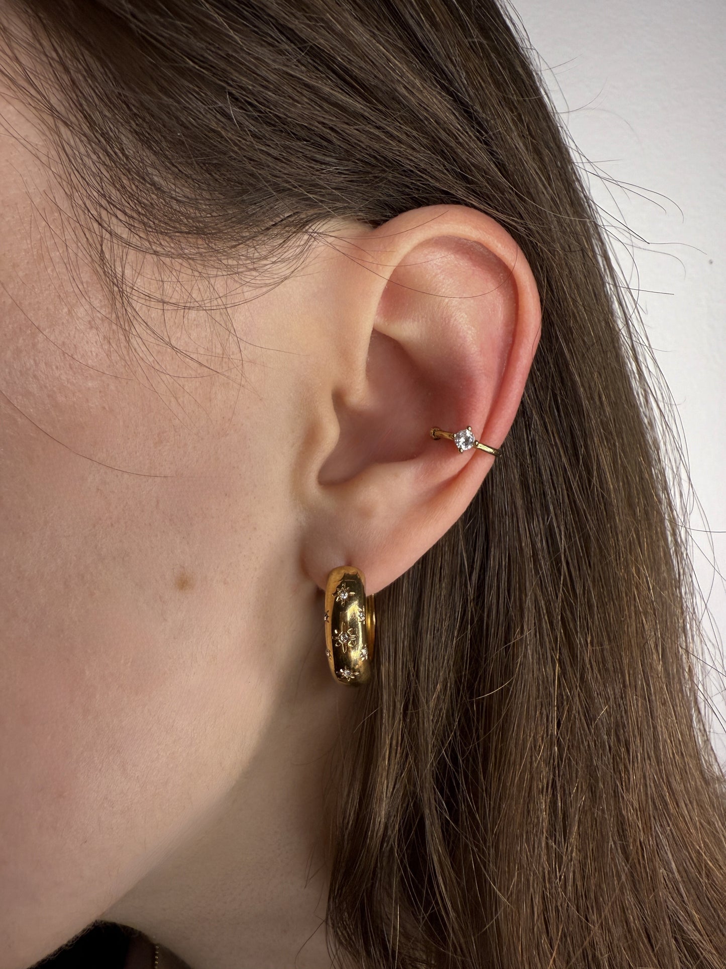 The Jules 18k Gold Plated Stainless Steel Crystal Chubby Huggie Hoop Earrings.
