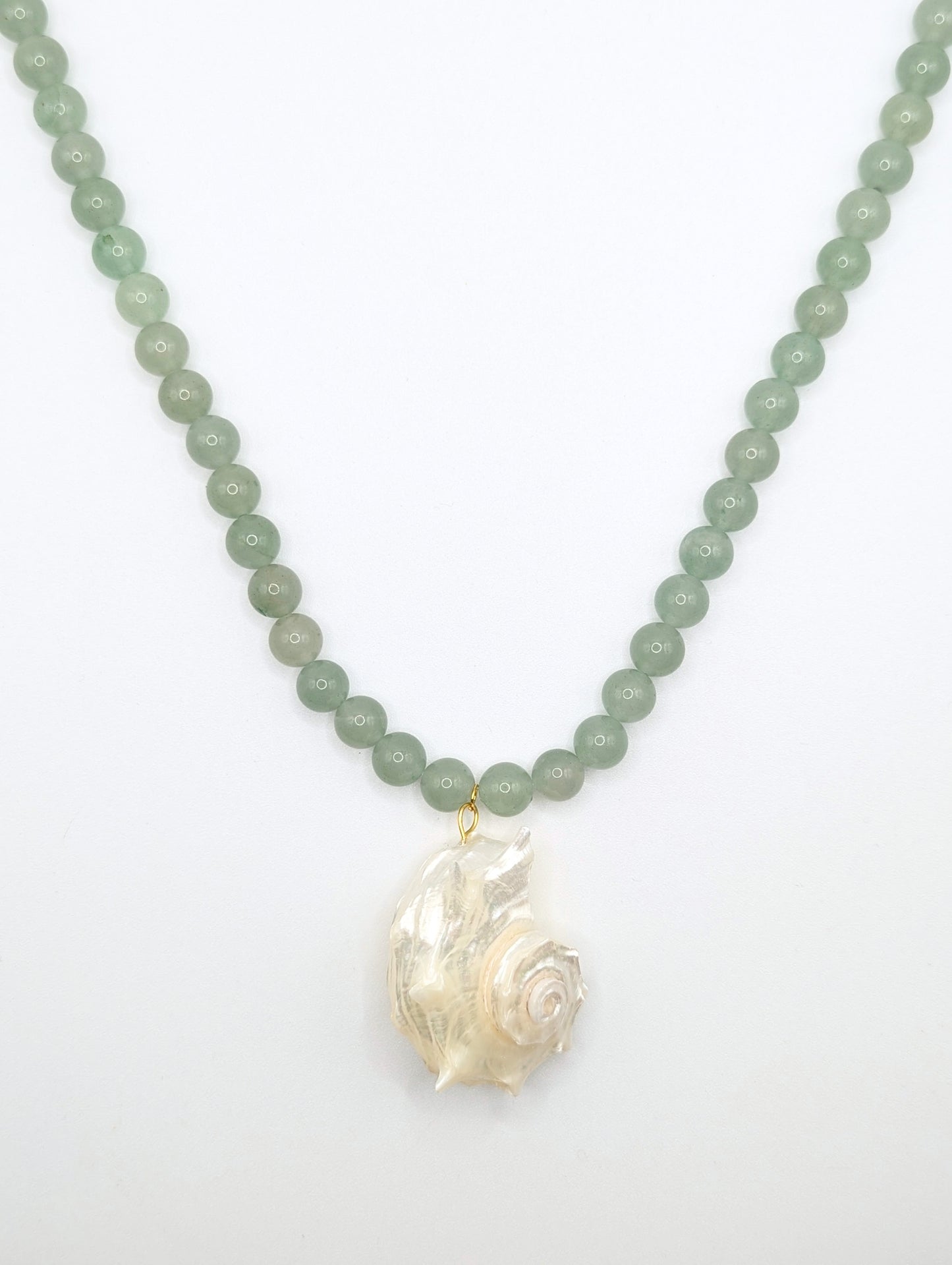 The Cannes Conch Seashell Green Aventurine Natural Stone Beaded Necklace- Semi-Precious & Waterproof