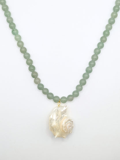The Cannes Conch Seashell Green Aventurine Natural Stone Beaded Necklace- Semi-Precious & Waterproof