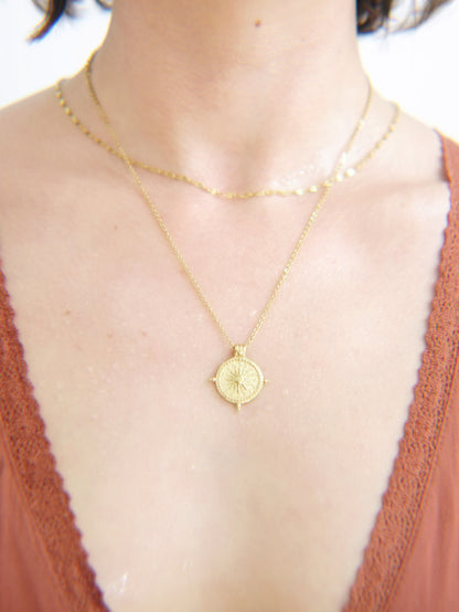 The Talisman Compass & Flora Delicate Chain Necklace Set in 18k Gold Plated Stainless Steel.