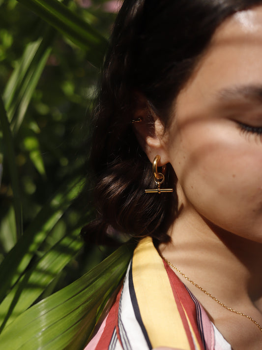 The Tala Set 18k Gold Plated Tarnish-Free T-Bar Drop Hoop Earrings & Necklace