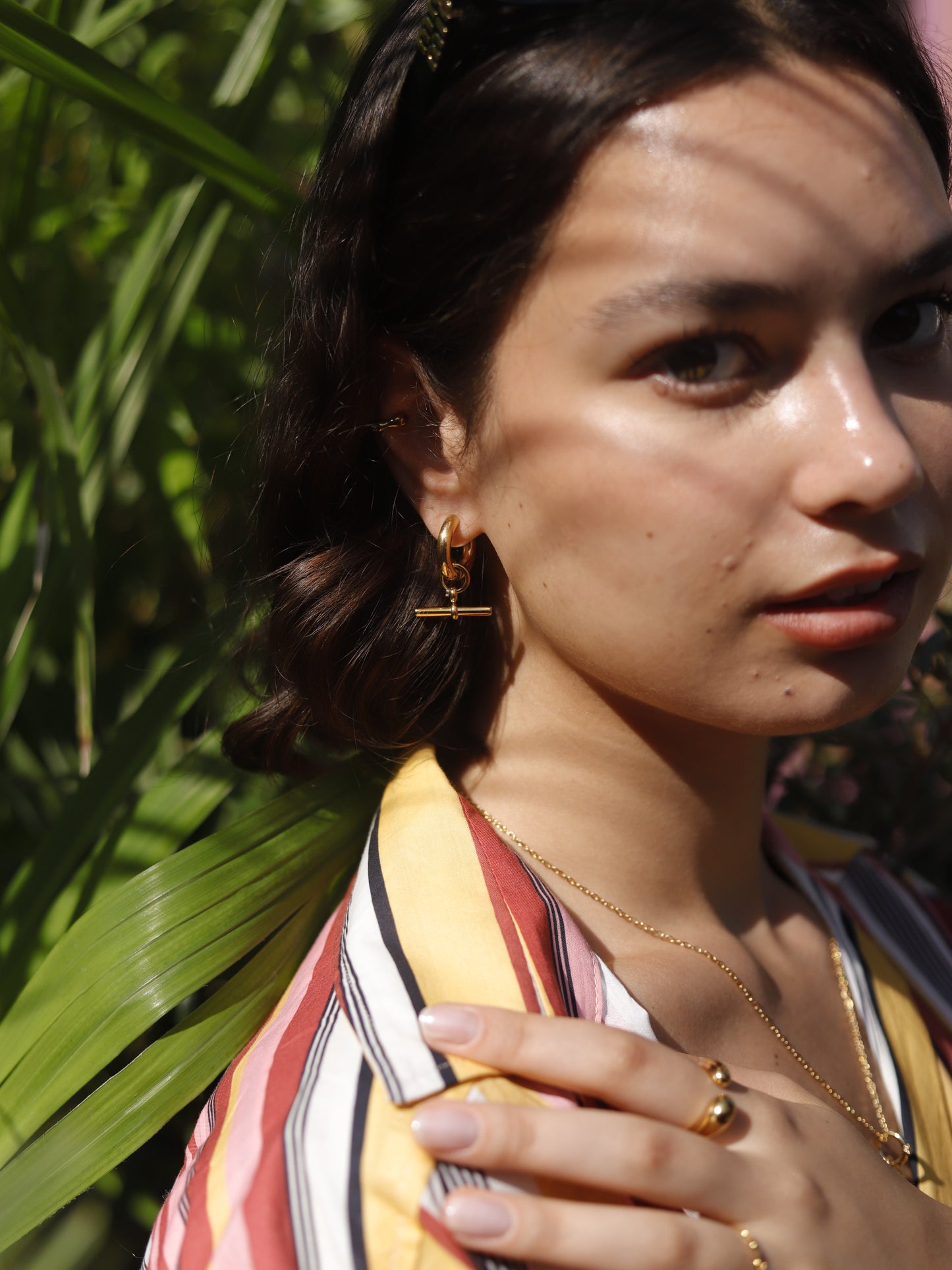 The Tala 18k Gold Plated Tarnish-Free T-Bar Drop Hoop Earrings