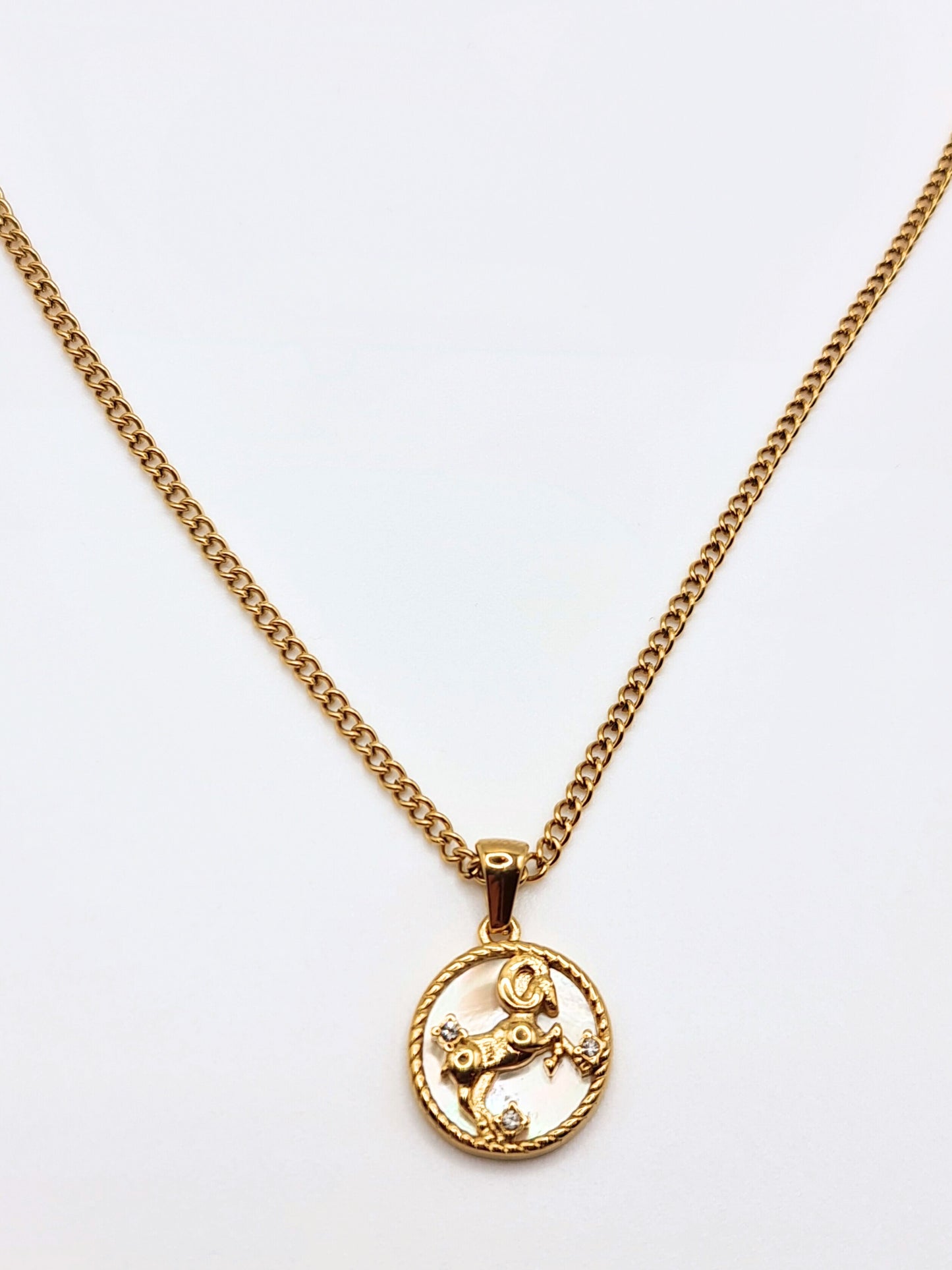 The Blair Aries 18k Gold Plated Stainless Steel Zodiac Starsign Pearlescent Necklace.
