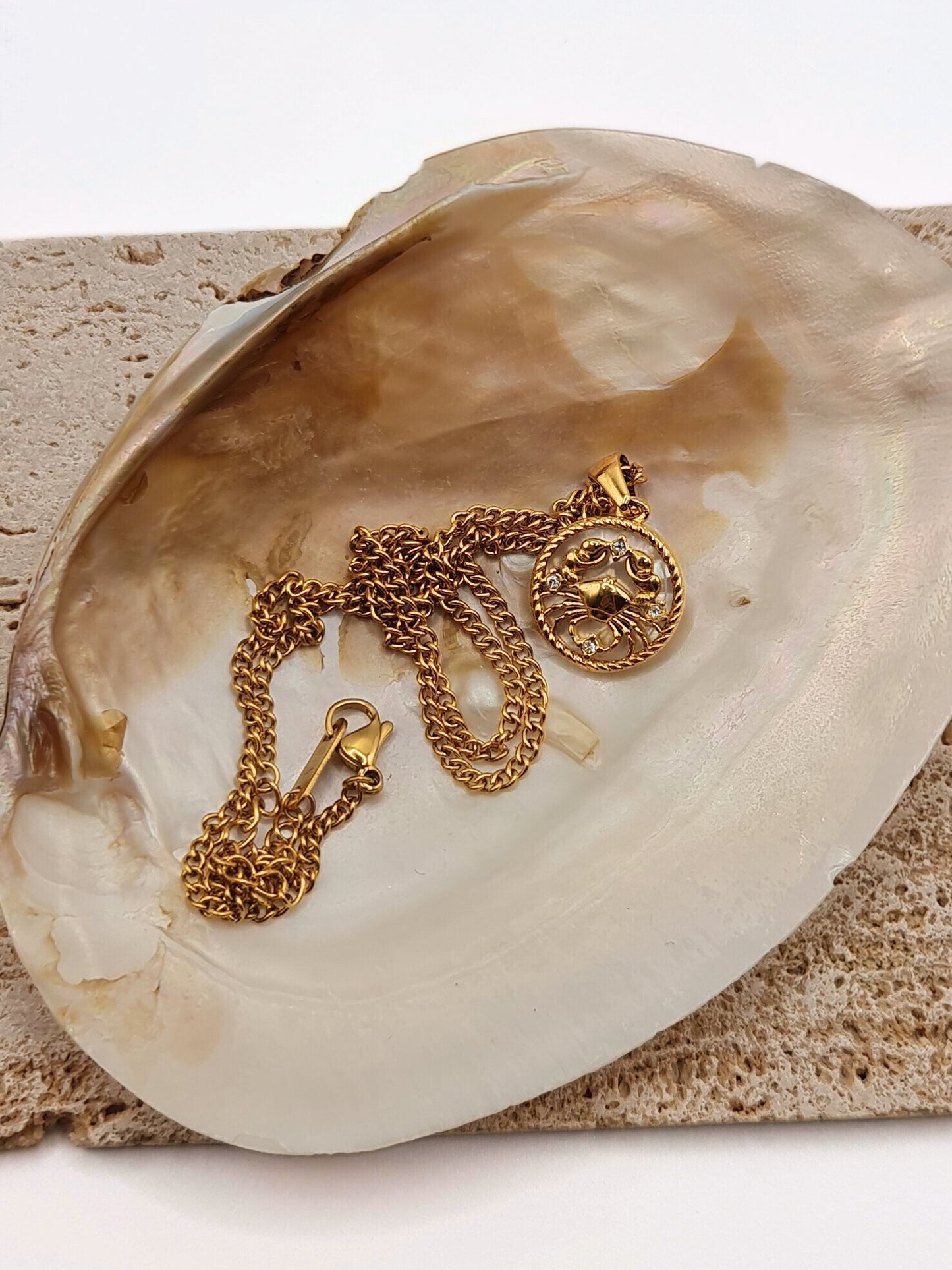 The Blair Cancer 18k Gold Plated Stainless Steel Zodiac Starsign Pearlescent Necklace.