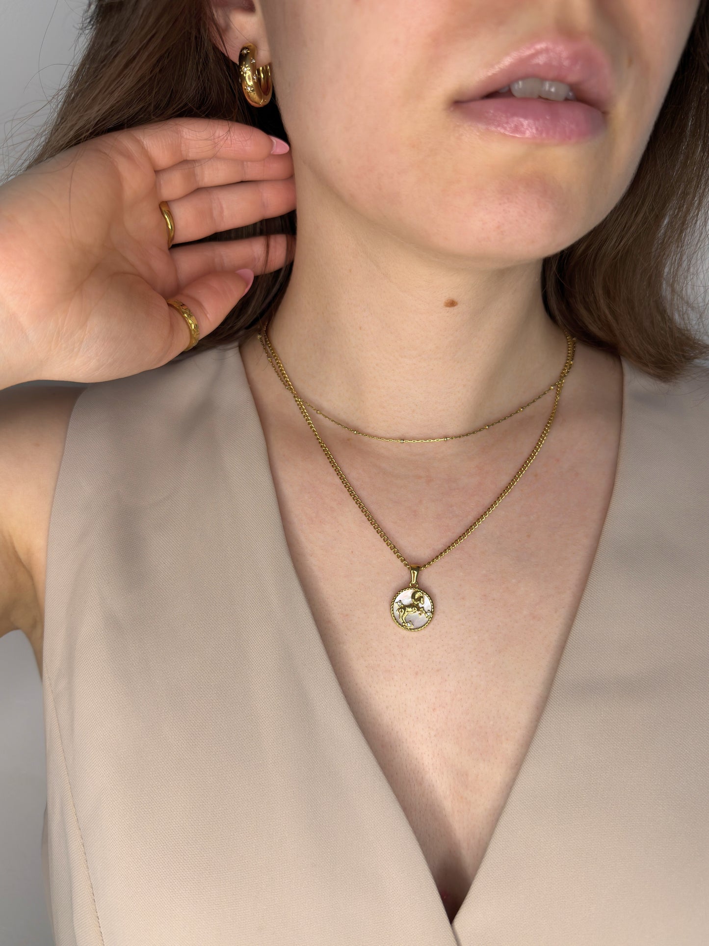 The Blair Aries 18k Gold Plated Stainless Steel Zodiac Starsign Pearlescent Necklace.