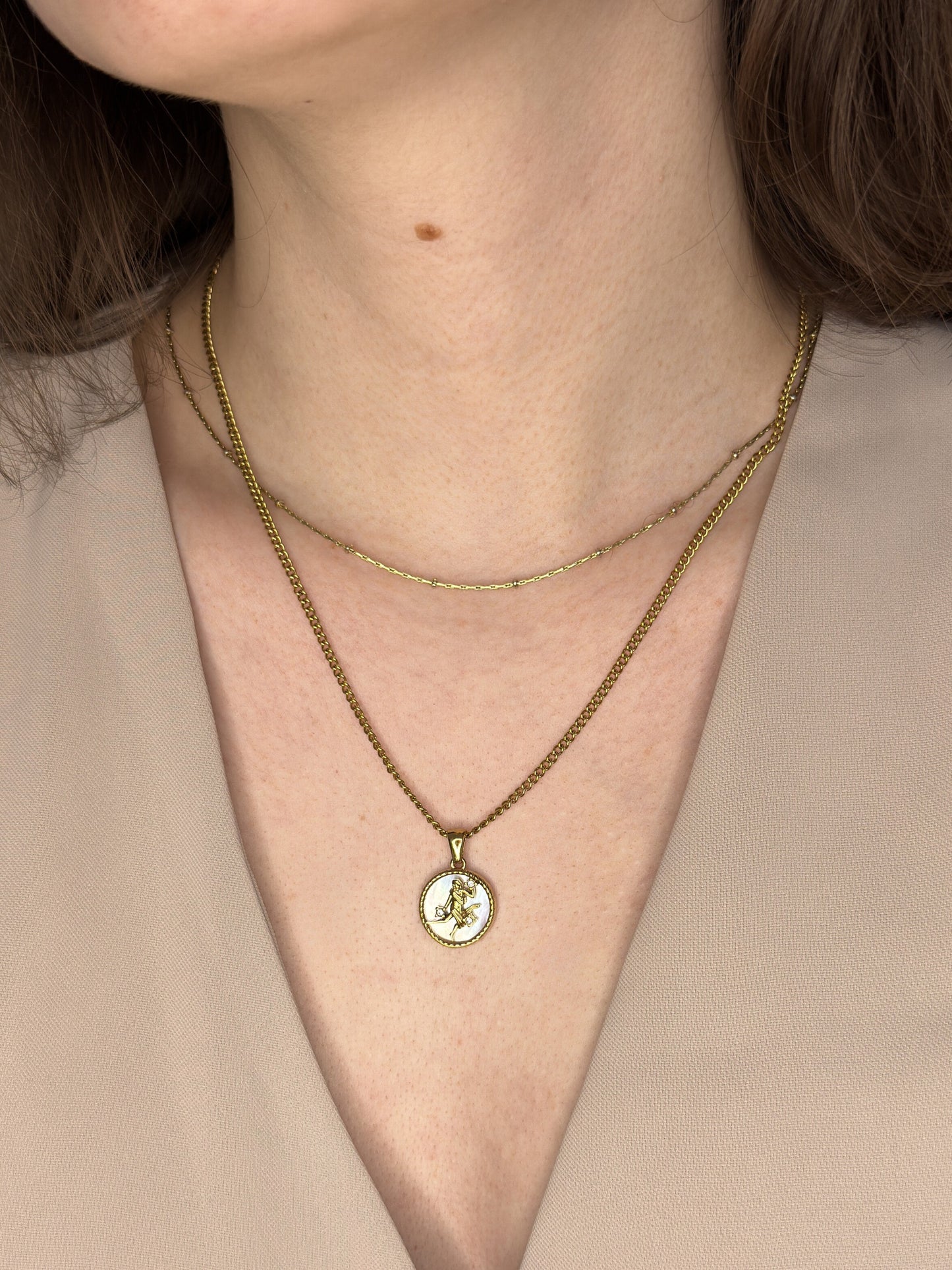 The Blair Virgo 18k Gold Plated Stainless Steel Zodiac Starsign Pearlescent Necklace.