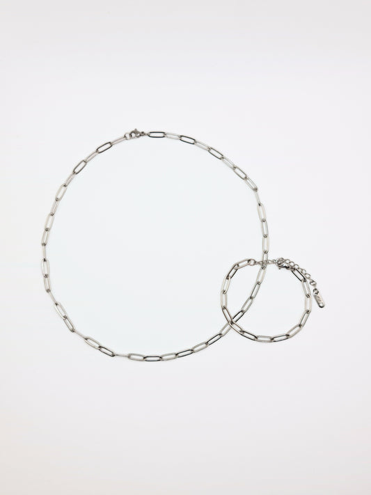 The Poppy Set Silver Finish Tarnish-Free Paperclip Chain Necklace & Bracelet