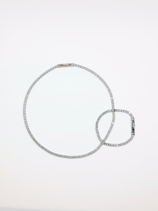 The Tory Set Silver Finish Tarnish-Free Cubic Zirconia Crystal Tennis Chain Necklace & Bracelet