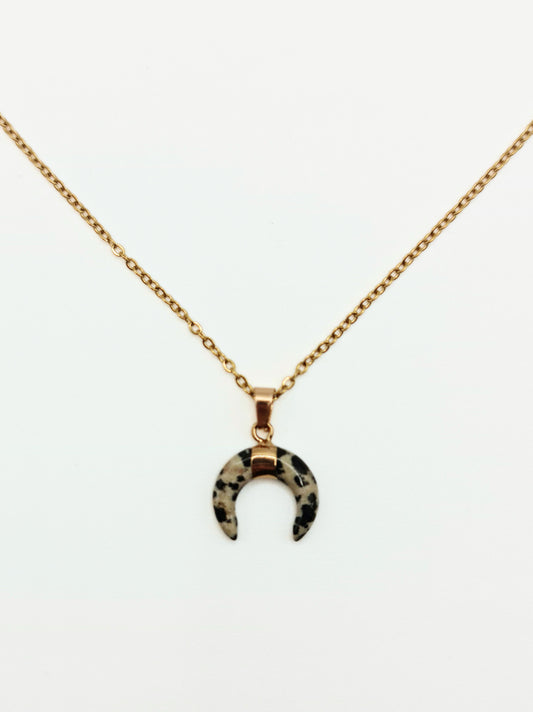 The Talisman Collection Dalmatian Jasper 18k Gold Plated Semi Precious Gemstone Horn Moon Pendant Necklace
