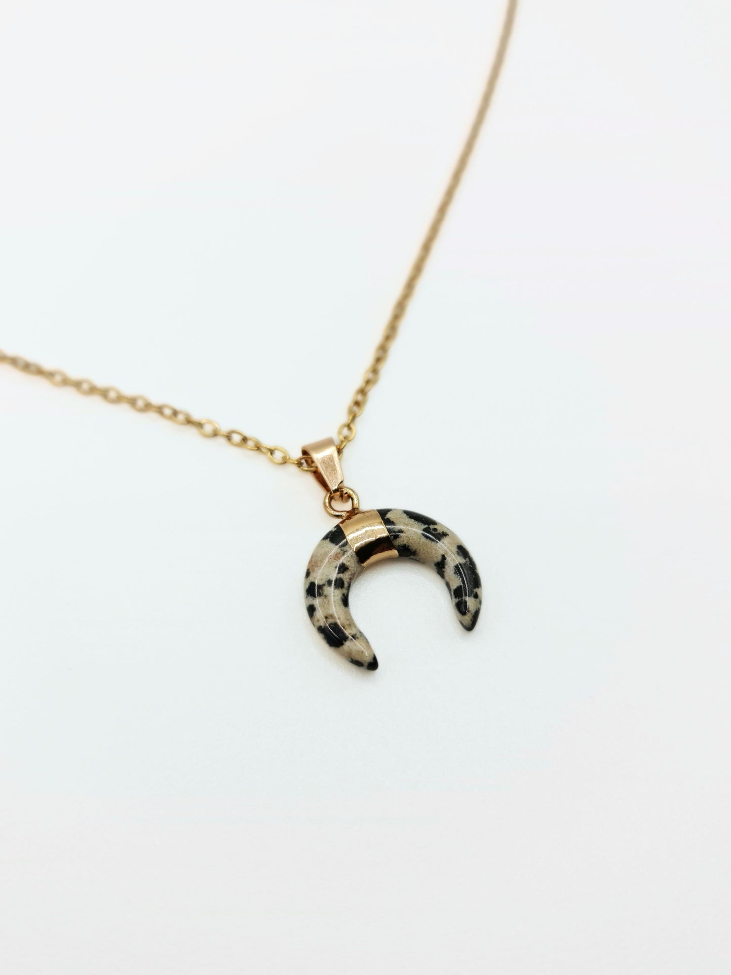 The Talisman Collection Dalmatian Jasper 18k Gold Plated Semi Precious Gemstone Horn Moon Pendant Necklace