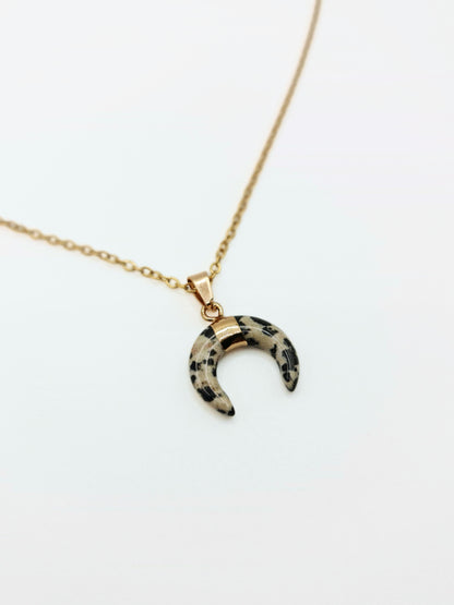 The Talisman Collection Dalmatian Jasper 18k Gold Plated Semi Precious Gemstone Horn Moon Pendant Necklace