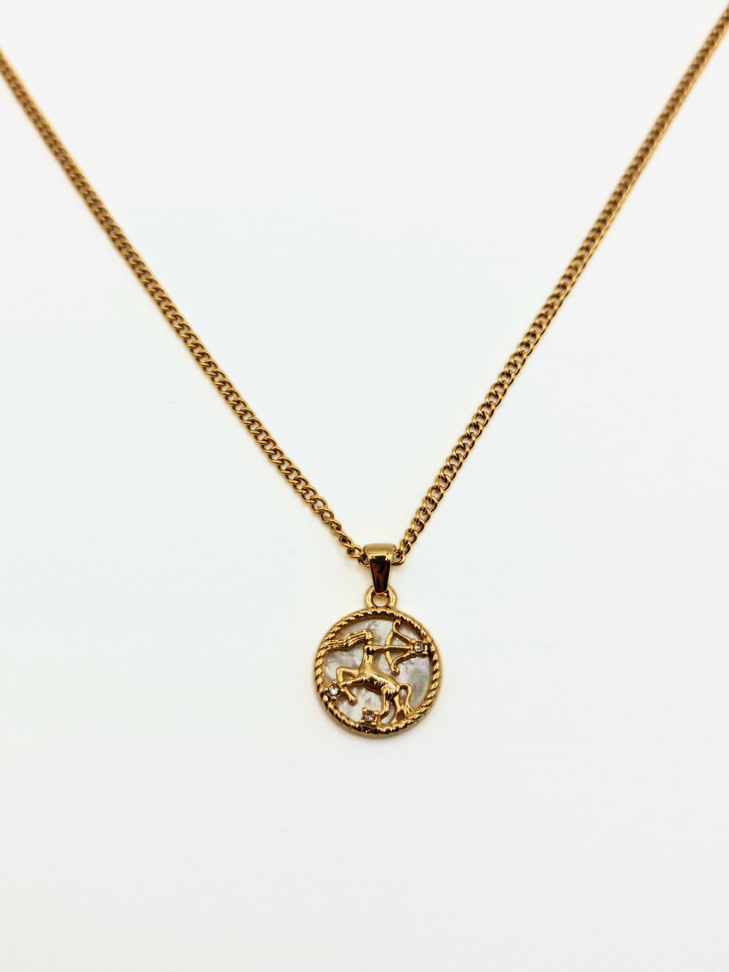 The Blair Sagittarius 18k Gold Plated Stainless Steel Zodiac Starsign Pearlescent Necklace.