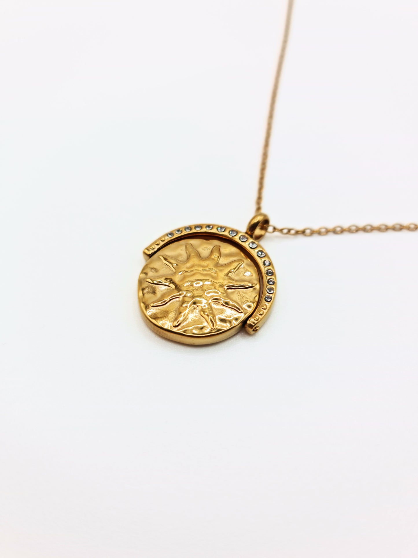 The Talisman Collection Set 18k Gold Plated Tarnish-Free Sun & Moon Crystal Spinner Pendant & Arizona Snake Chain Co-Ord Necklaces