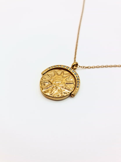The Talisman Collection Set 18k Gold Plated Tarnish-Free Sun & Moon Crystal Spinner Pendant & Arizona Snake Chain Co-Ord Necklaces