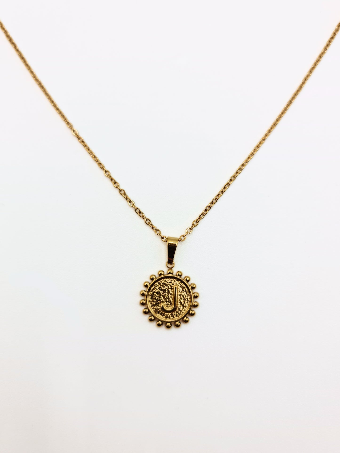 The Talisman Collection 'J' Initial 18k Gold Plated Stainless Steel Ball Trim Pendant Necklace.