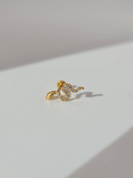The Serpent 18k Gold Plated Titanium Steel Cubic Zirconia Snake Ear Climber Cartilage Lobe Stud Earring.