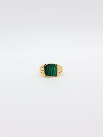 The Mason 18k Gold Plated Tarnish-Free Malachite Semi-Precious Stone Signet Ring