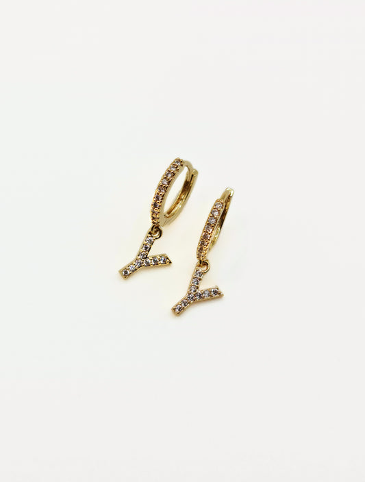The Lana 'Y' Initial 18k Gold Plated Stainless Steel Crystal Drop Hoop Earring.