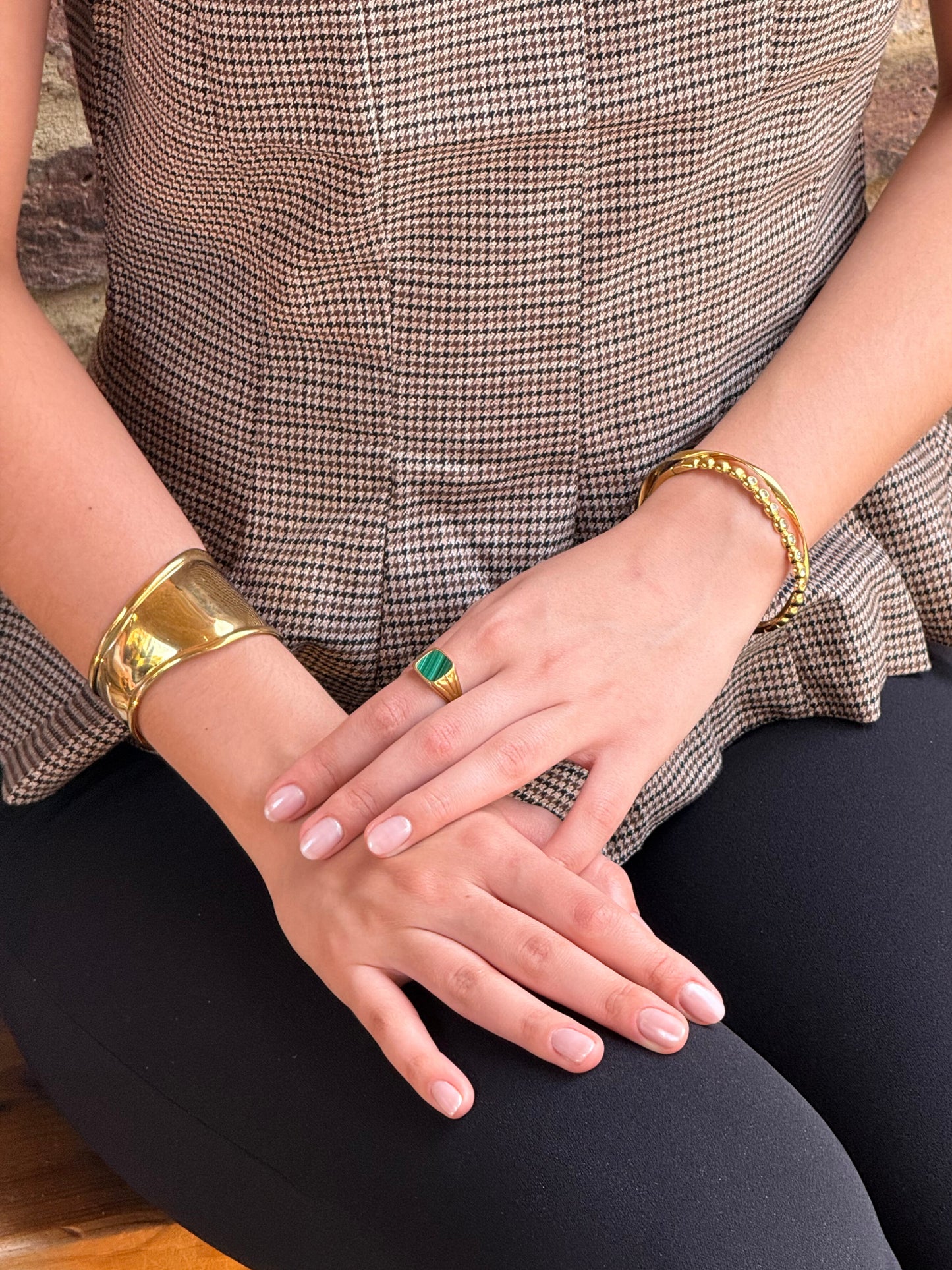 The Mason 18k Gold Plated Tarnish-Free Malachite Semi-Precious Stone Signet Ring