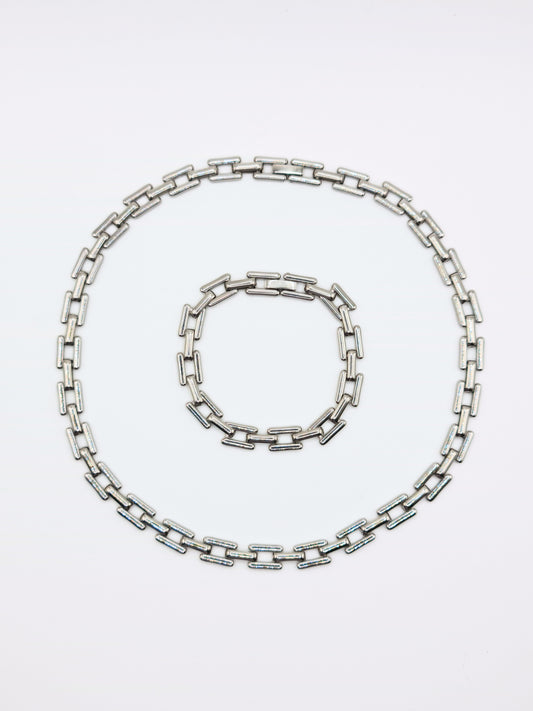 The Spencer Set Silver Finish Tarnish-Free Square Link Chain Necklace & Bracelet