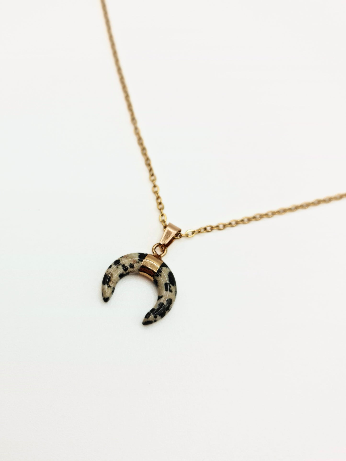 The Talisman Collection Dalmatian Jasper 18k Gold Plated Semi Precious Gemstone Horn Moon Pendant Necklace