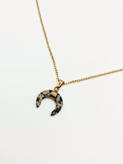The Talisman Collection Dalmatian Jasper 18k Gold Plated Semi Precious Gemstone Horn Moon Pendant Necklace