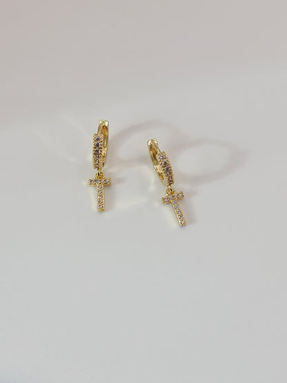 The Lana 'T' Initial 18k Gold Plated Stainless Steel Crystal Drop Hoop Earring