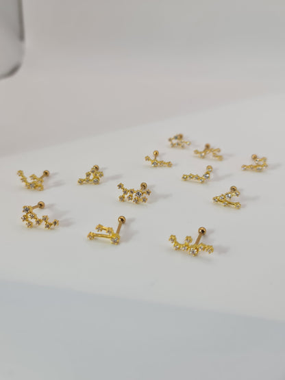 The Constellations Sagittarius 18k Gold Plated Stainless Steel Cubic Zirconia Ear Climber Zodiac Star Sign Cartilage Lobe Single Piercing Stud Earring.