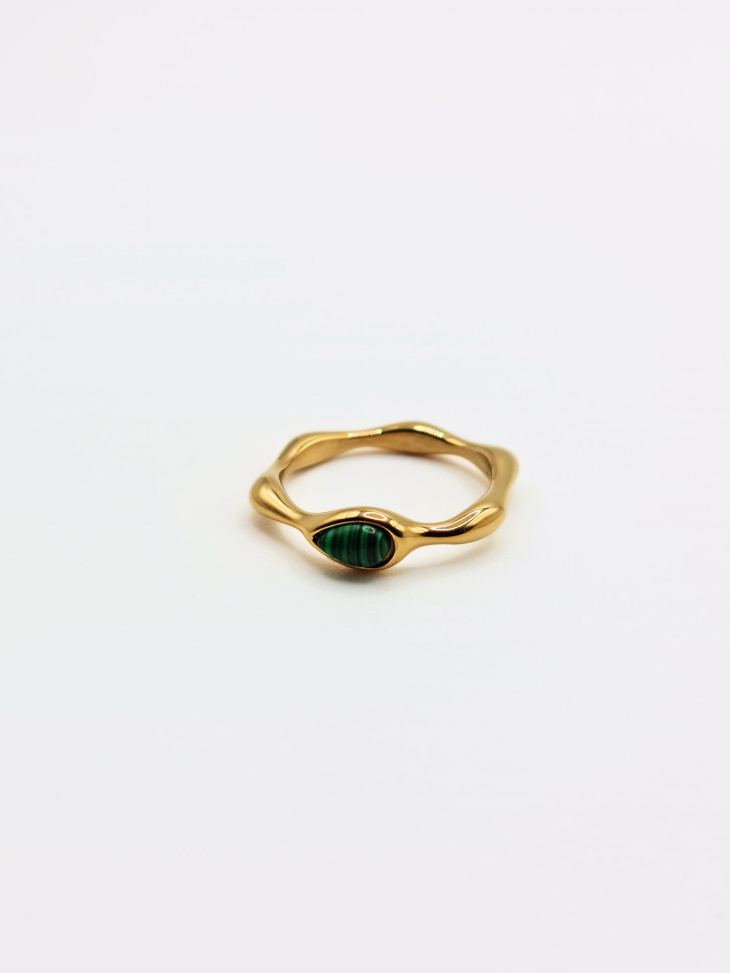 The Talisman Collection 18k Gold Plated Tarnish-Free Malachite Semi-Precious Stone Wavy Layering Ring