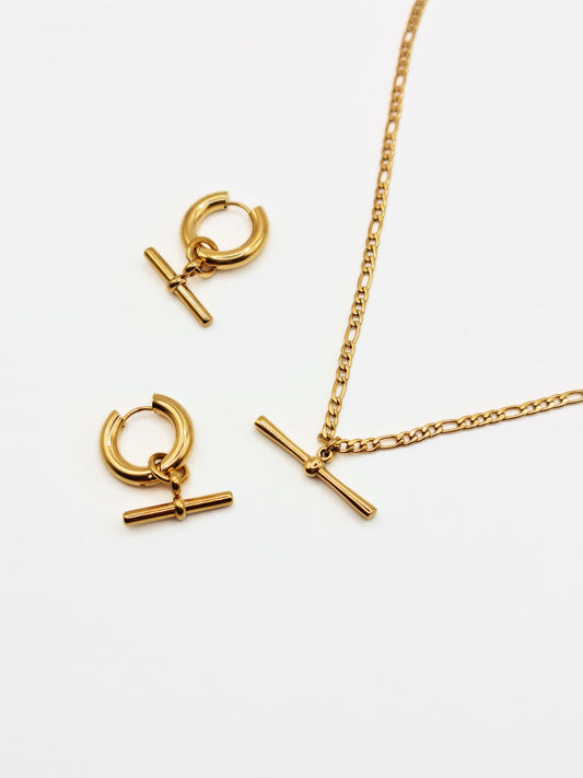 The Tala Set 18k Gold Plated Tarnish-Free T-Bar Drop Hoop Earrings & Necklace