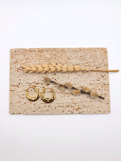 The Faye 18k Gold Plated Stainless Steel Star Etched Hoop Earrings.