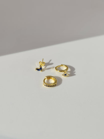 The Evil Eye 18k Gold Plated Stainless Steel Cubic Zirconia Matching Hoop and Stud 3pc Set.