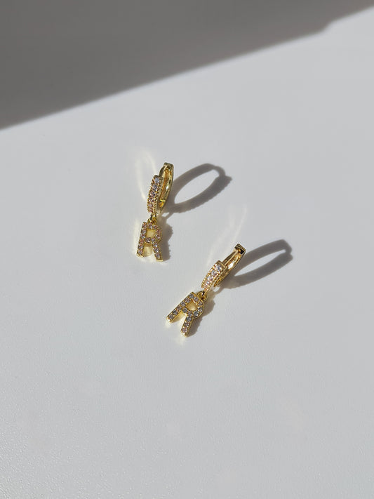 The Lana 'R' Initial 18k Gold Plated Stainless Steel Crystal Drop Hoop Earring