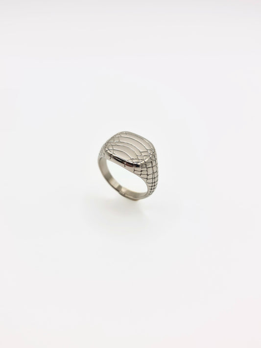 The Serpent Silver Finish Plated Stainless Steel Snake Etched Signet Ring.
