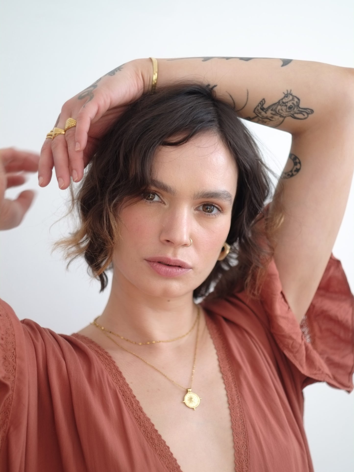The Talisman Compass & Flora Delicate Chain Necklace Set in 18k Gold Plated Stainless Steel.