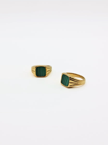The Mason 18k Gold Plated Tarnish-Free Malachite Semi-Precious Stone Signet Ring