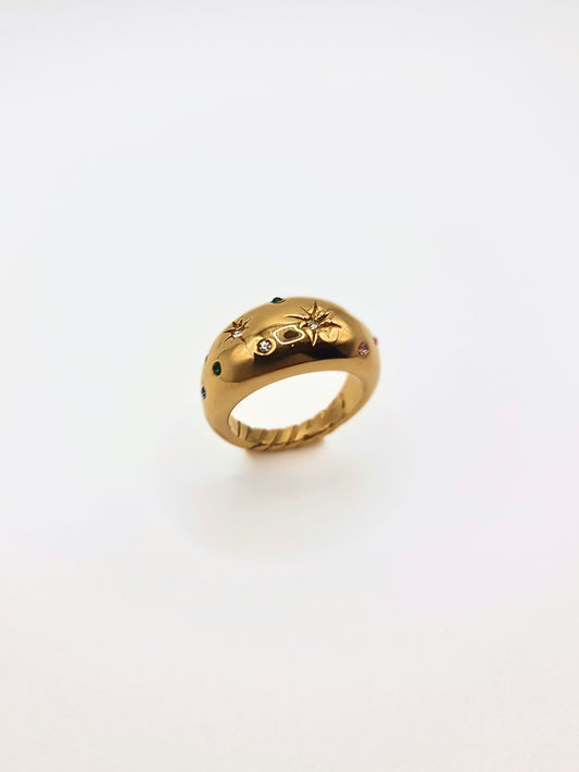 The Vanessa 18k Gold Plated Stainless Steel Multicoloured Crystal Celestial Ring.