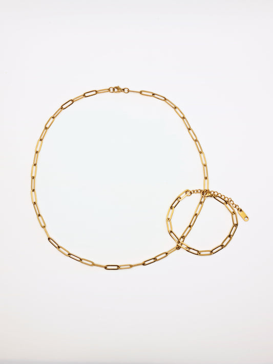 The Poppy Set 18k Gold Plated Tarnish-Free Paperclip Chain Necklace & Bracelet